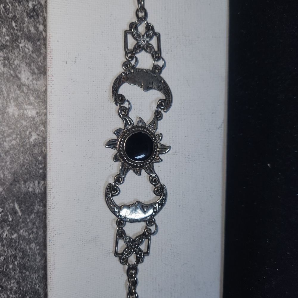 Celestial Sun Moon Link Bracelet Silver Tone Black Cabochon Boho Mystical - Picture 12 of 14